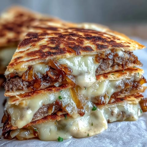 Steam rises from a Cheesy Griddled Smashburger Quesadilla filled with juicy smashburger patties, oozing cheese, and a drizzle of tangy mayo-mustard sauce.