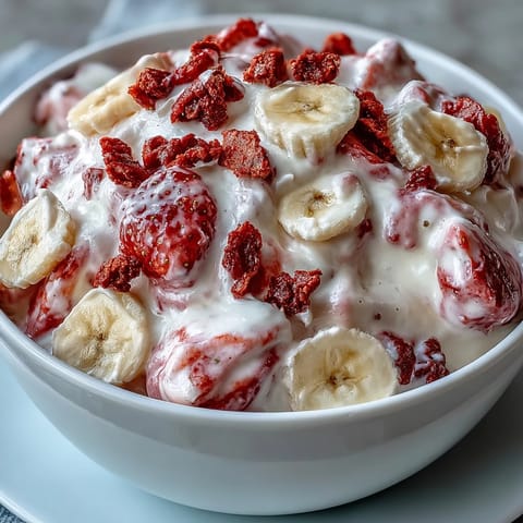 Frozen Greek yogurt bites with strawberry swirl, honey drizzle, and crunchy banana chips for dessert.