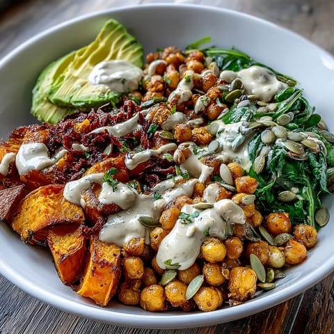 A close-up of the Roasted Sweet Potato and Chickpea Bowl showing garlicky spinach and smoky chipotle tahini.