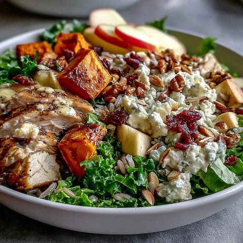 A plated Harvest Bowl with tender chicken, sweet potatoes, crisp apples, and a drizzle of balsamic dressing, ready to serve for dinner.