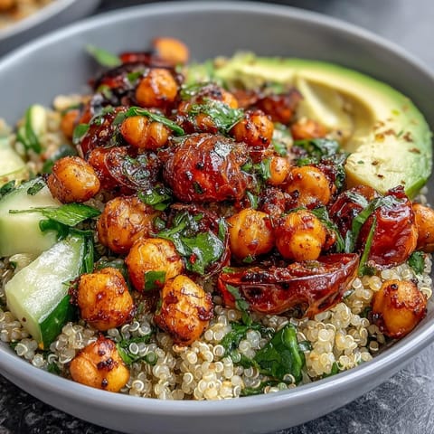 Fresh lemon vinaigrette drizzled over hearty grain bowls packed with spiced roasted chickpeas and colorful veggies.