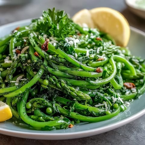 A vibrant spring salad with shaved asparagus, sweet peas, and zesty lemon dressing, topped with Parmesan and toasted nuts.