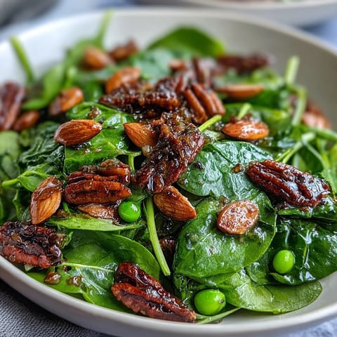 Crisp spring green salad with honey mustard dressing and toasted almonds, a vibrant mix of fresh greens, snap peas, and crunchy nuts.  