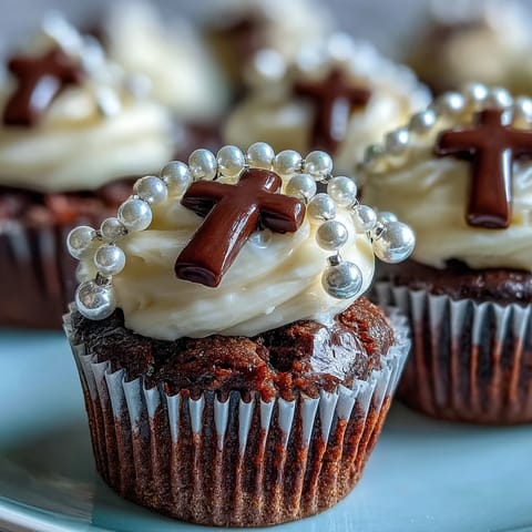 Adorable mini vanilla cupcakes topped with smooth buttercream and fondant rosary toppers, perfect for First Communion celebrations.