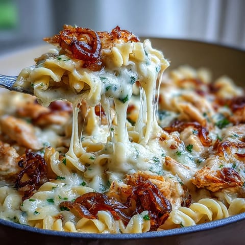One-Pot French Onion Chicken Pasta in a creamy, cheesy sauce with golden caramelized onions and tender chicken.