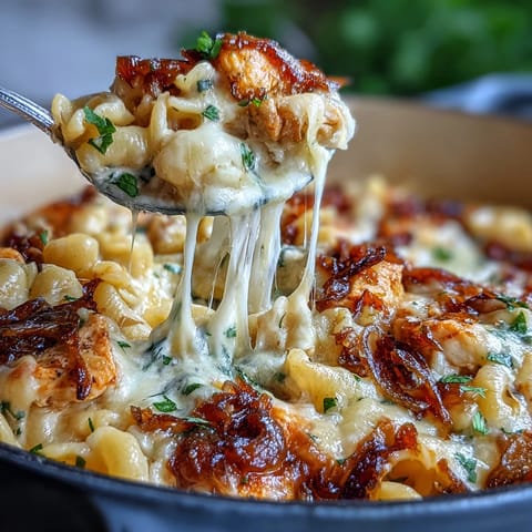 Savory One-Pot French Onion Chicken Pasta topped with melted Gruyère, mozzarella, and fresh thyme for ultimate comfort.