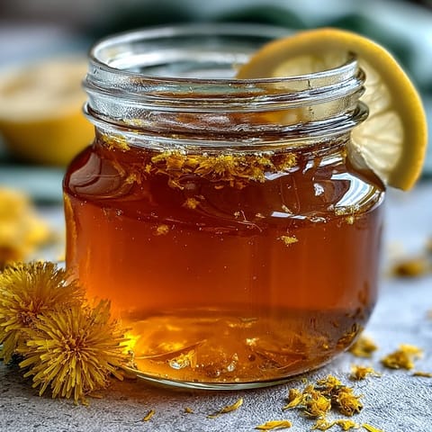 Vibrant yellow dandelion jelly with fresh lemon and honey, glistening in a glass jar on a rustic wooden table.