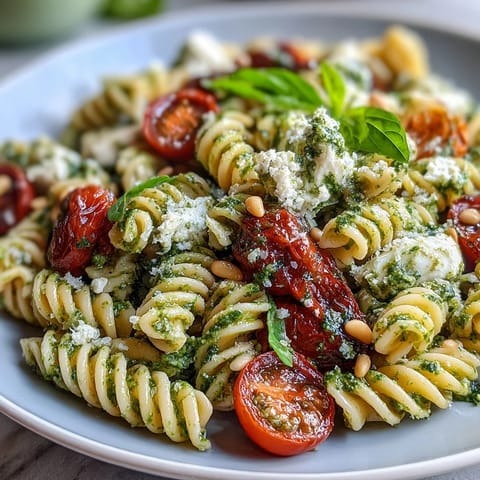 Vibrant summer pasta salad with pesto, cherry tomatoes, and mozzarella, tossed with fresh arugula and basil for a light, flavorful dish.