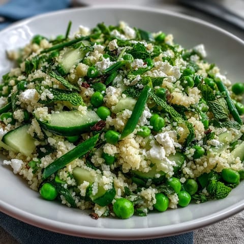 Spring Pea and Mint Couscous Salad with vibrant green peas and fresh mint on a white platter. Fluffy couscous tossed with lemon dressing, garnished with feta and extra mint leaves.