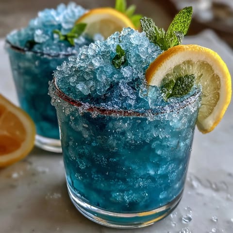 Blue Raspberry Lemonade Slushie in a frosty glass, garnished with lemon slices and mint leaves, perfect for a refreshing summer treat.