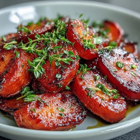 A vibrant side dish of roasted carrots glazed in honey and fragrant thyme, ideal for Easter dinner or any festive gathering.