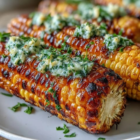 Close-up of Memorial Day grilled corn with four vibrant herbed butters.