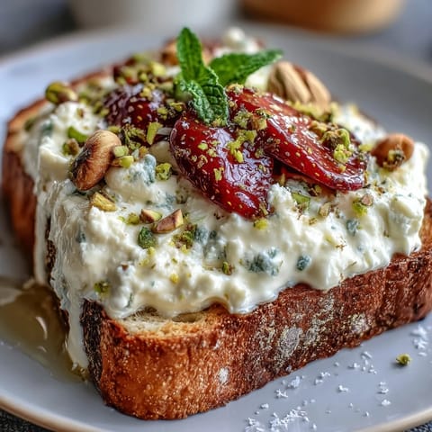 Strawberry honey ricotta toast with pistachios, a delightful sweet and savory easy breakfast bite.