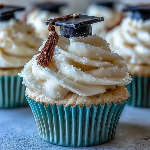 Festive vanilla cupcakes topped with buttercream and adorable black and gold graduation caps.
