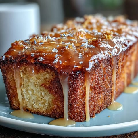 Golden Lemon Lavender Loaf Cake glistening with sweet honey glaze, a perfect treat.