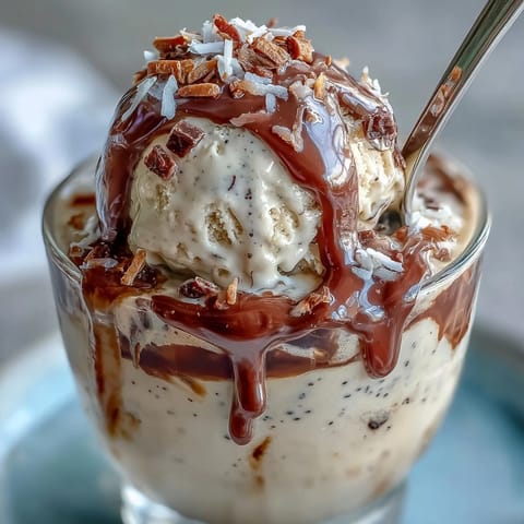 Refreshing coconut cold brew float with melting vanilla bean ice cream scoops.