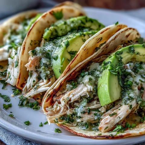 Slow cooker salsa verde chicken tacos, brimming with juicy shredded chicken and fresh toppings.