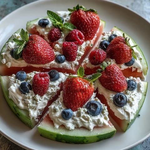 Refreshing 4th of July Watermelon Pizza topped with berries and cream.