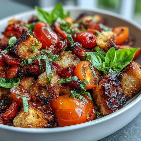 Vibrant Summer Panzanella showcasing grilled bread in a rustic Italian tomato salad.