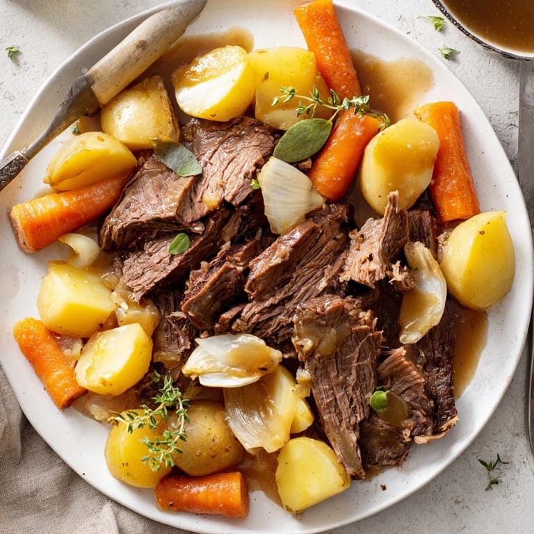 Slow-cooked Beef Pot Roast with root vegetables and herbs, ready to slice for a cozy dinner.