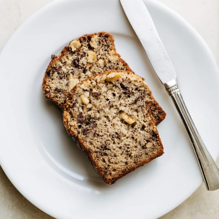 A rustic loaf of Banana Bread studded with chopped walnuts, resting on a wooden cutting board for a warm, homestyle feel.