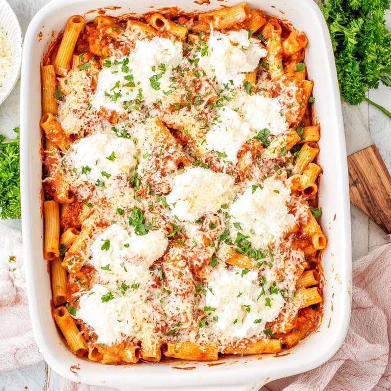 A hearty slice of Baked Ziti, served with garlic bread and a green salad, on a rustic wooden table.