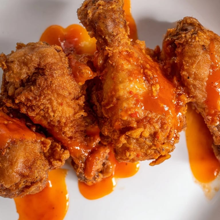 Crispy fried Buffalo Wings tossed in spicy sauce on a platter with celery sticks and creamy blue cheese dip.