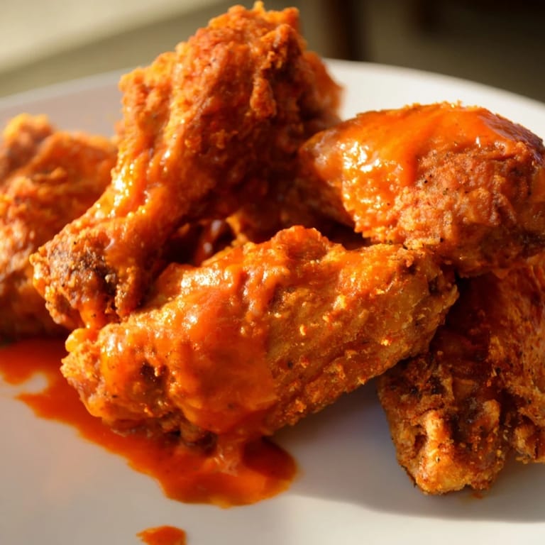A plate of glazed Buffalo Wings with celery sticks and blue cheese dip, ready for a game day appetizer spread.