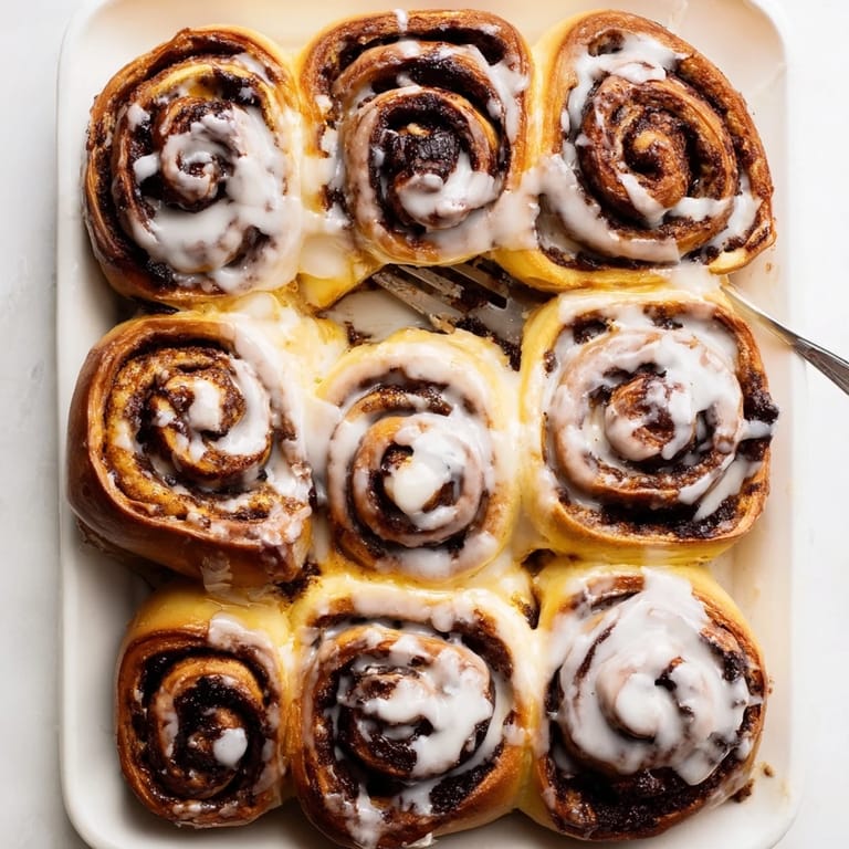 Fluffy homemade Cinnamon Rolls drizzled with creamy glaze, ready to serve on a rustic wooden board.