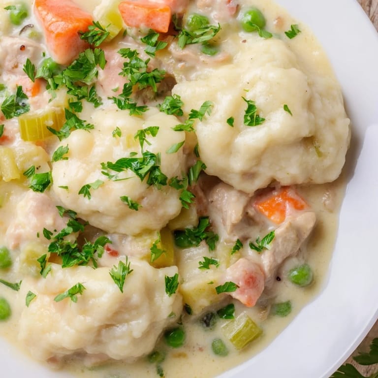 Homemade Chicken and Dumplings served hot from a pot, featuring plump dumplings and a rich, creamy chicken vegetable filling.