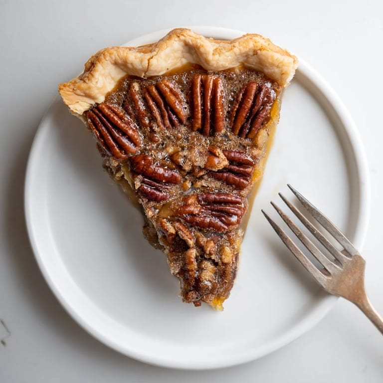 Whole Pecan Pie baked in a glass dish, filled with glossy pecan halves, served with a dollop of whipped cream.