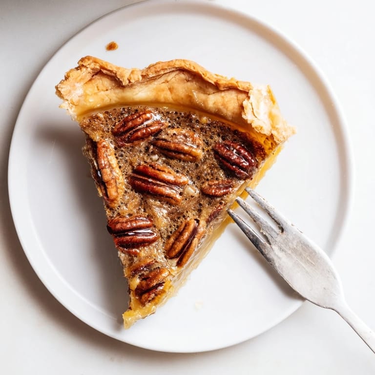 A close-up of a rich Southern Pecan Pie slice, showing gooey brown sugar custard and toasted pecans on a white plate.