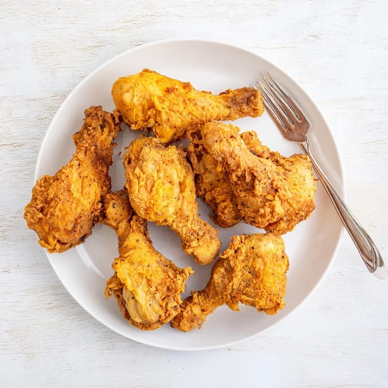 A platter of Southern-style fried chicken with a crunchy crust and tender, juicy meat, next to coleslaw