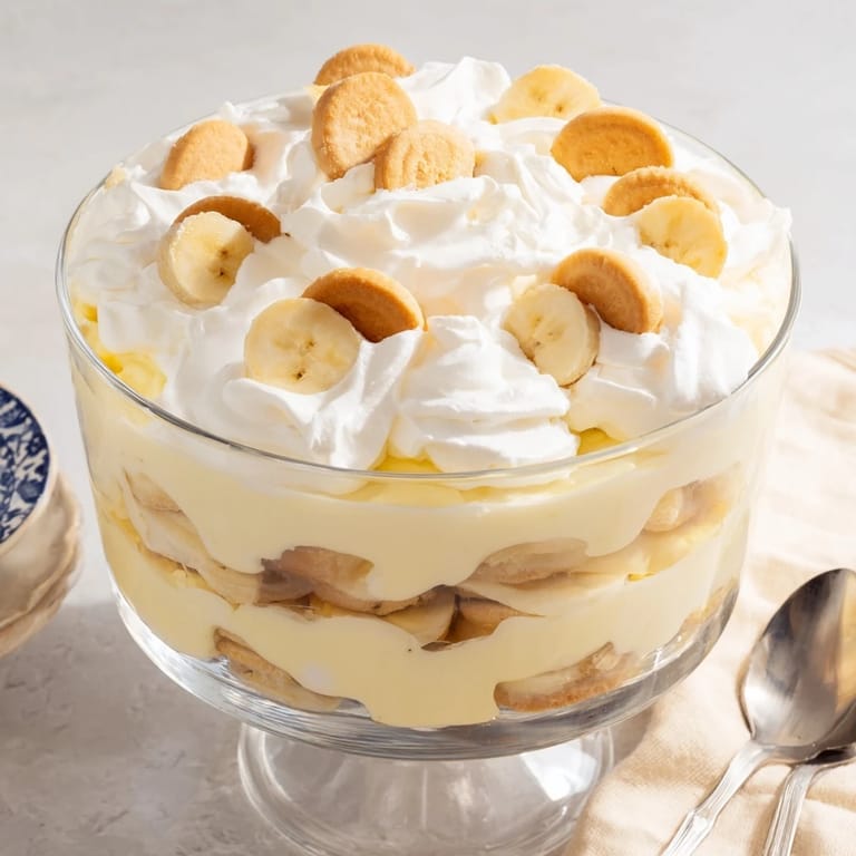 Close-up of chilled Banana Pudding showing layers of cookies, vanilla custard, and fresh fruit.