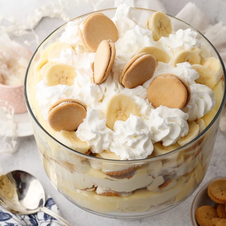 Homemade Southern Banana Pudding topped with fluffy whipped cream and banana slices, ready to serve.