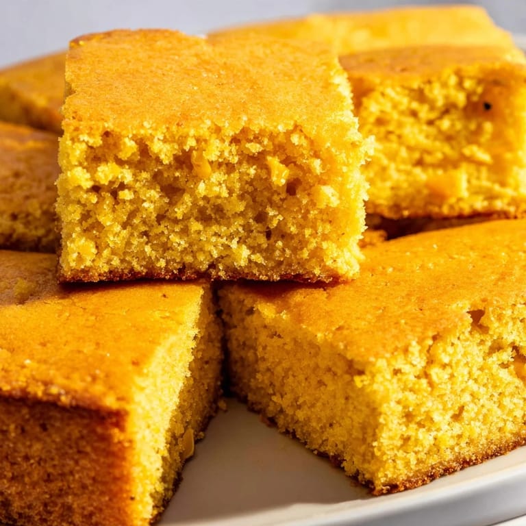 A close-up of fluffy cornbread reveals a crispy, golden-brown crust, highlighting the classic texture of this easy American side dish.