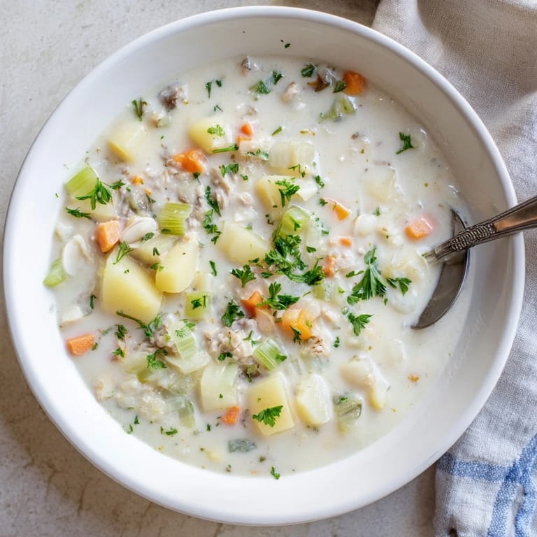 Homemade Clam Chowder in a white bowl, brimming with tender potatoes and savory onions, ready to enjoy.