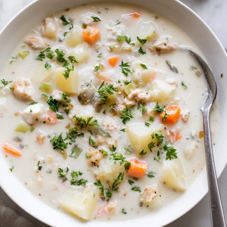 Rich Clam Chowder ladled from a pot, steam rising from the hearty soup with celery and thyme.