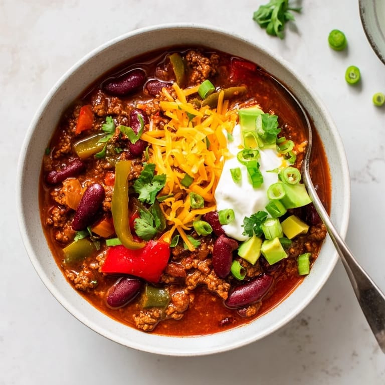 Spicy Tex-Mex Chili con Carne with kidney beans and ground beef served beside warm cornbread.