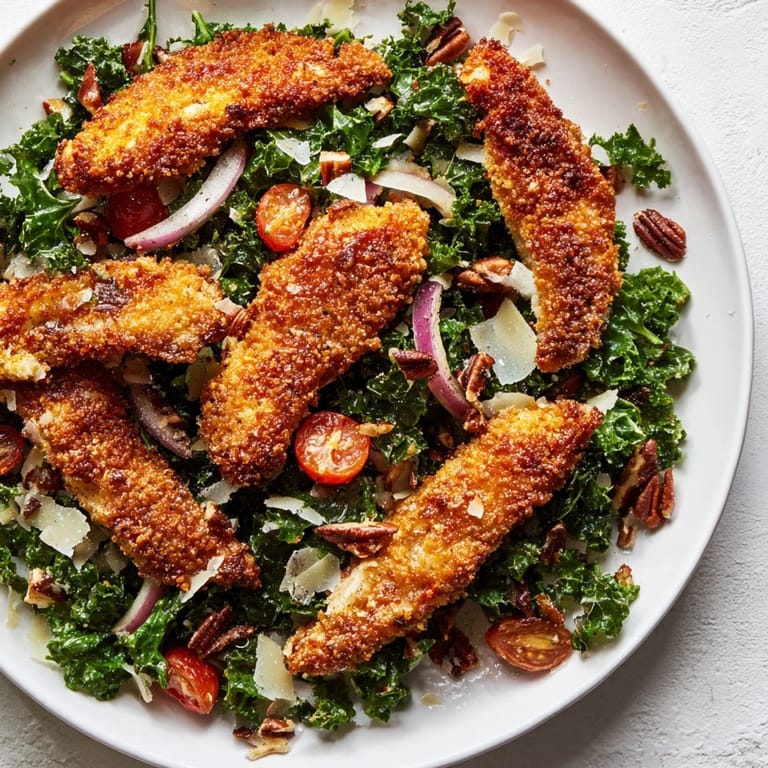Close-up view of a vibrant Crispy Chicken Kale Salad, featuring golden chicken cutlets over dark greens, garnished with Parmesan and walnuts.