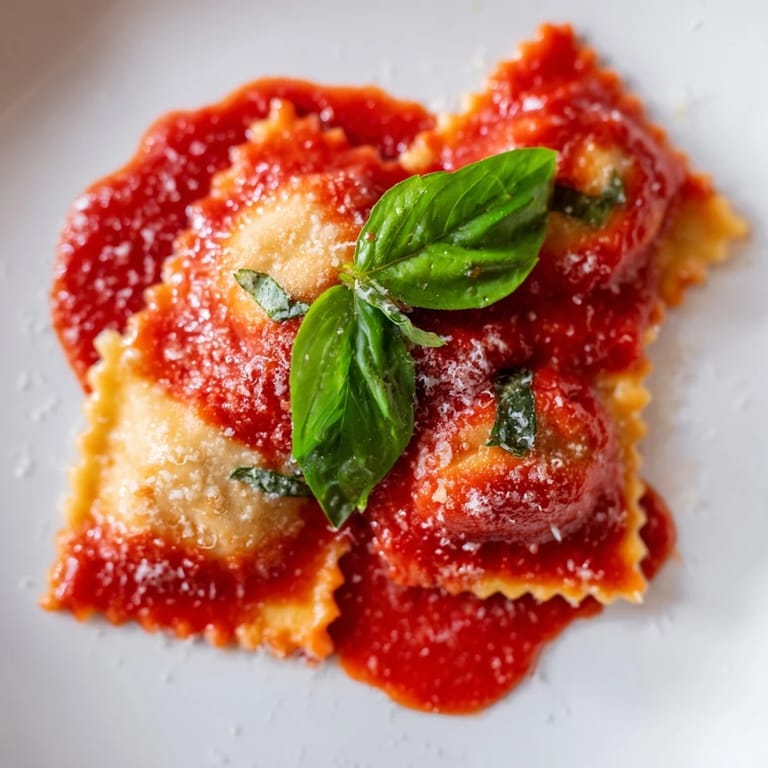Close-up of golden spinach ricotta ravioli on a plate with marinara and Parmesan.