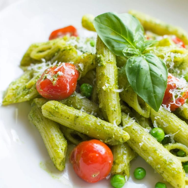 Close-up of Green Pesto Pasta Salad showing glossy pesto coating every noodle, sweet peas, and cherry tomato halves perfect for a summer potluck.