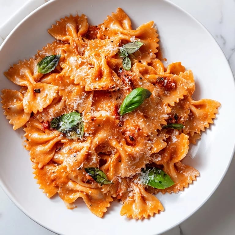 A vibrant skillet of Tomato Basil Bowtie Pasta tossed with garlic and onions for a comforting meal.