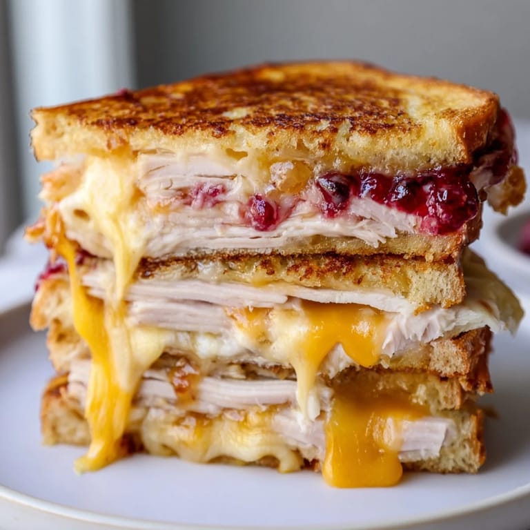 A warm Smoked Turkey Grilled Cheese sandwich, sliced to reveal cranberry spread and melted cheese inside.