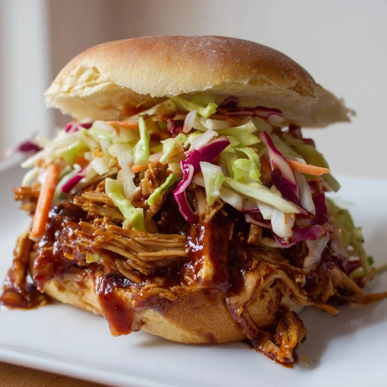 An American-style pulled chicken sandwich features juicy barbecue chicken and crunchy, tangy slaw on a buttery toasted brioche bun, ready to eat.