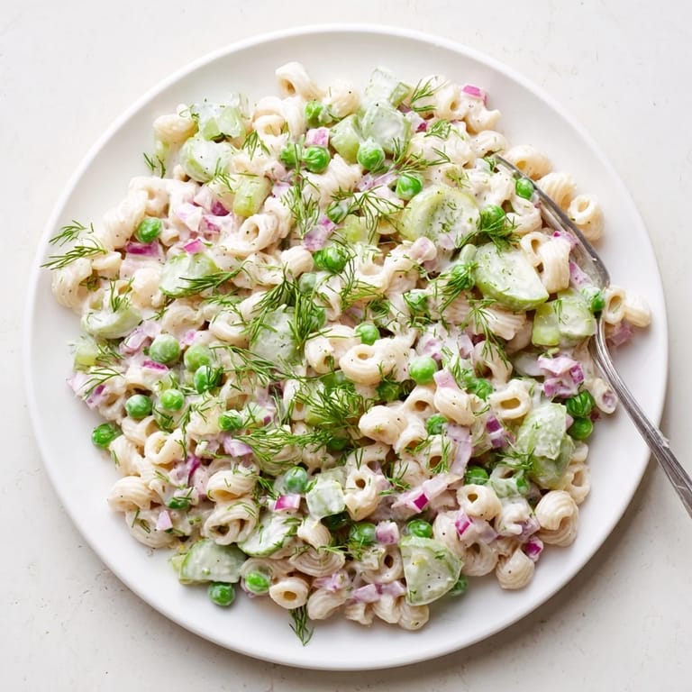 Creamy Dill Pickle Pasta Salad is served in a white bowl, garnished with fresh dill and pepper.  