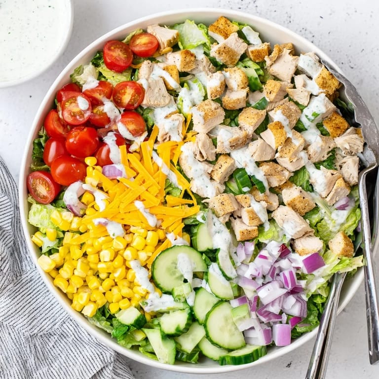A hearty bowl of chopped Ranch Chicken Chopped Salad with sharp cheddar, tomatoes, and red onion tossed in a fresh, tangy dressing.