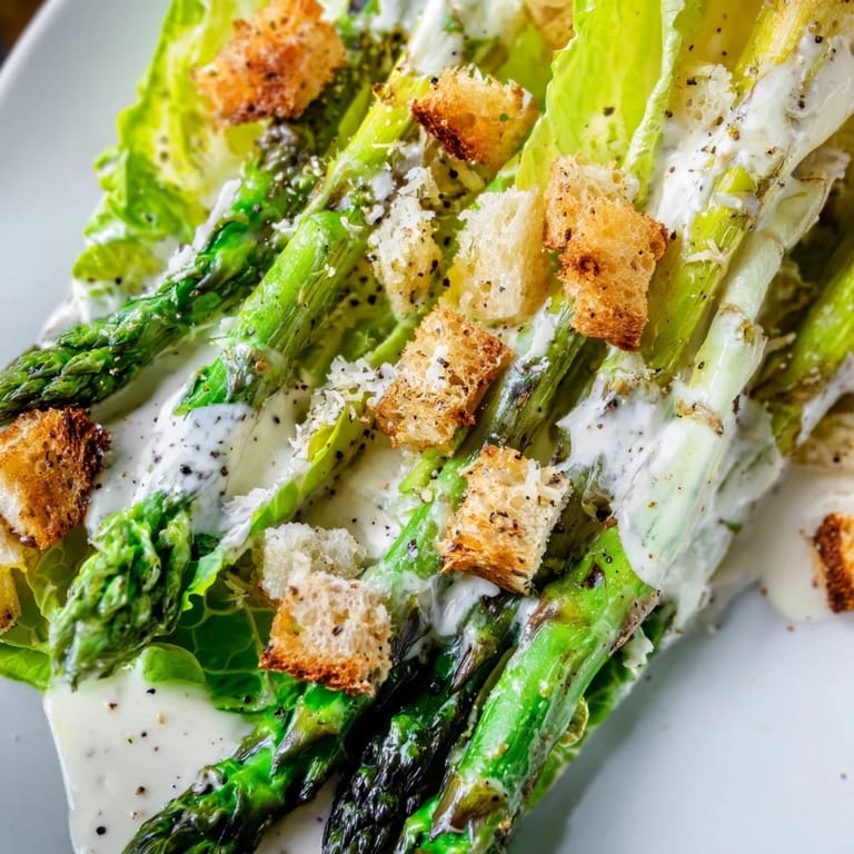 A close-up of warm roasted asparagus nestled in greens, drizzled with tangy yogurt dressing for a Roasted Asparagus Caesar Salad.