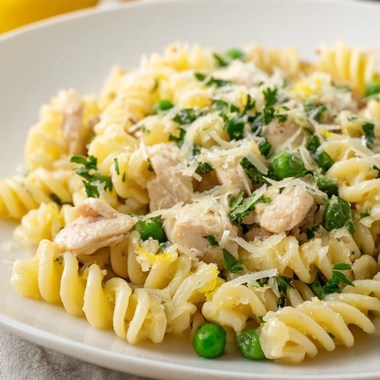 A skillet of Garlic Butter Chicken & Pea Pasta with melted Parmesan and sautéed garlic for a cozy dinner.