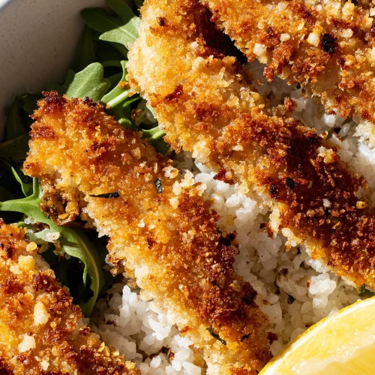 A close-up of the Crispy Parmesan Chicken Cutlet Bowl highlights crunchy, golden-brown cutlets layered on fluffy rice with vibrant greens.  